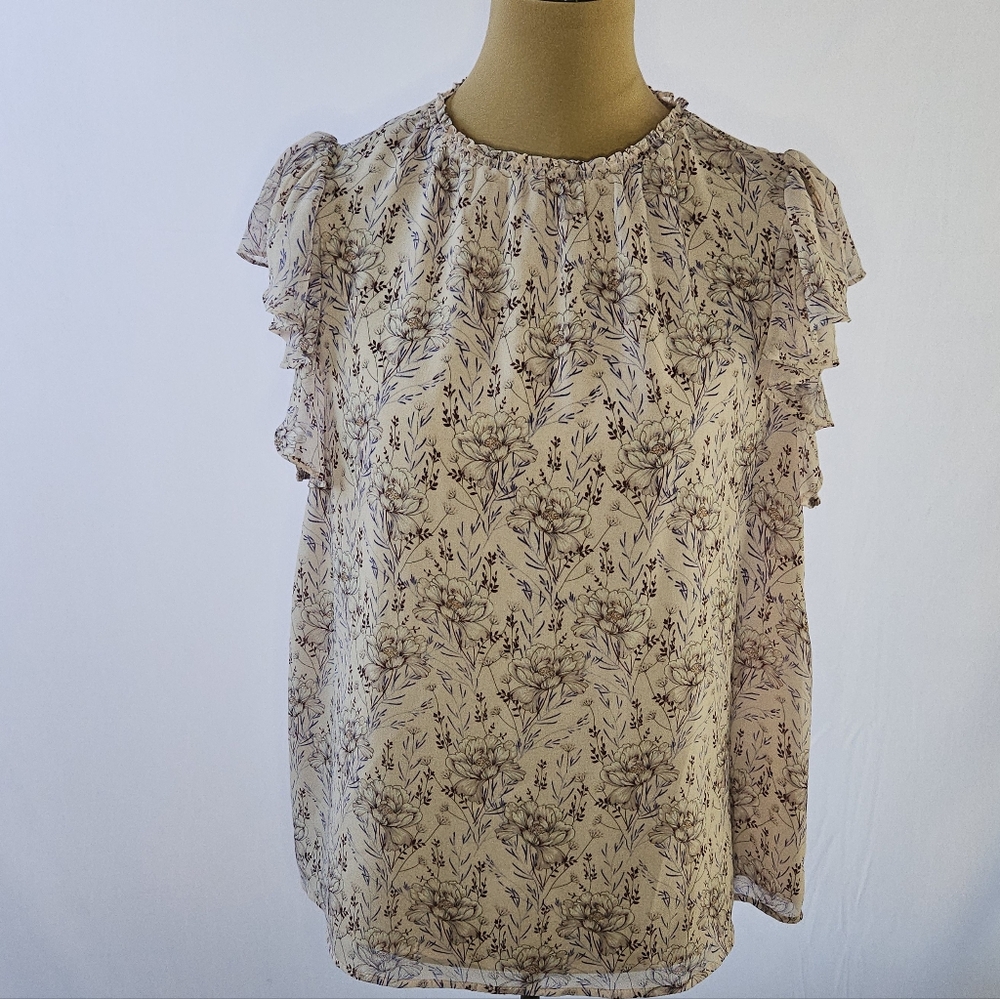 Floral Ruffle Sleeve Blouse - Cream - L
